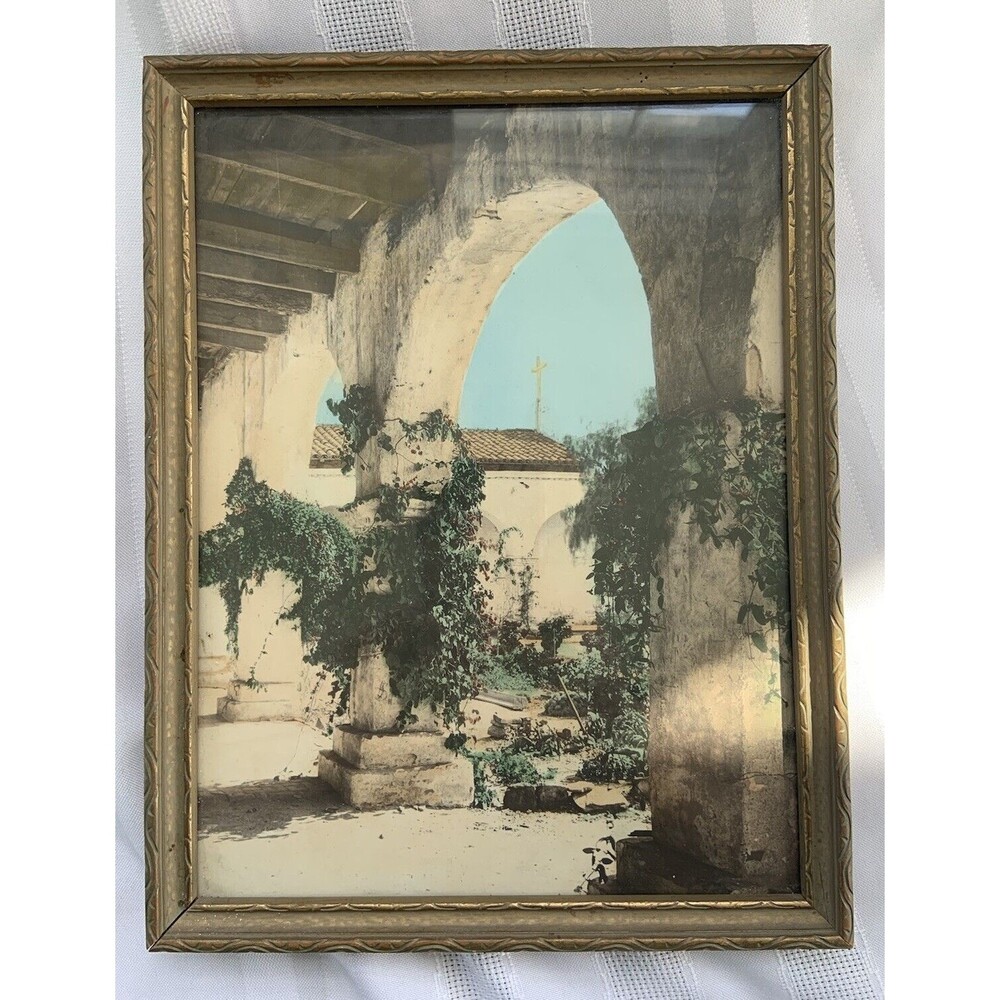 VTG Colored Photo Mission San Juan Capistrano Corridor Arches 1946 Orig Frame